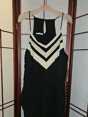 Black Spaghetti Strap Romper with Cream Crochet V Chevrons